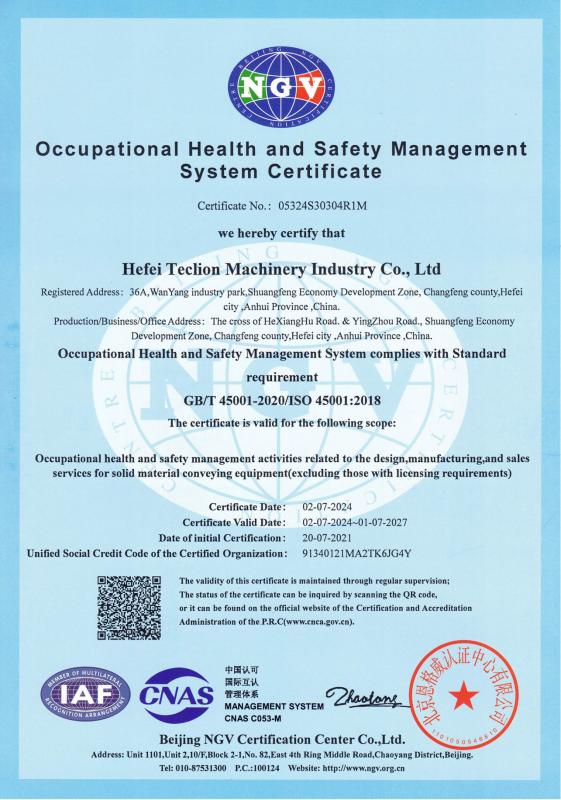 ISO 45001:2018 - Hefei Teclion Machinery Industry Co.,Ltd.