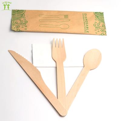 China Paper Wrapped Birch Disposable Cutlery Spoon Knife Fork Travel Set Birch Wood Wooden Person for sale