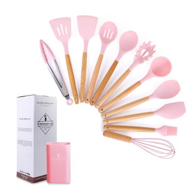 Cina 2020 Hot Selling BPA Free Silicone Cooking Utensils 12pc Eco-friendly Wooden Silicone Kitchen Accessories Utensils Set in vendita