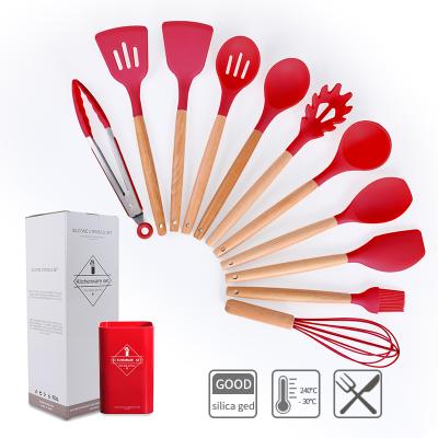 Cina 2020 Hot Selling BPA Free Silicone Cooking Utensils 11 Pieces Eco-friendly Wooden Silicone Kitchen Accessories Utensils Set in vendita