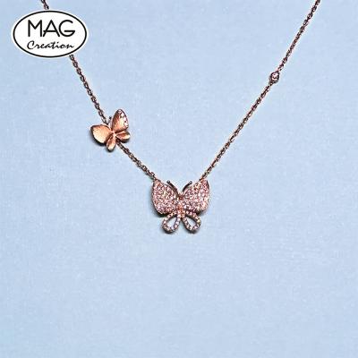 China Fashion Romantic Design Chasing Butterflies 18K Rose Gold Diamond Necklace for sale