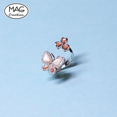 China Romantic Fashion Customized Shell Butterfly And Clover Diamond Ring 18K White Gold for sale