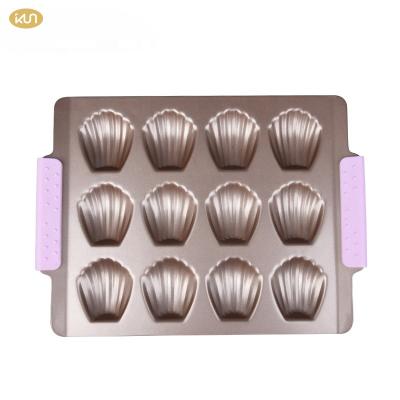 China Amazon Success Viable Chocolate Shell Molds Champagne Gold Shell Madeleine Cake Pan Non Stick Carbon Steel 12 Cup Muffin Pan for sale