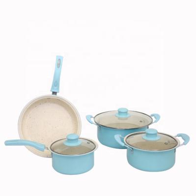 China Viable Best Selling Pot Iron Sky Blue Nonstick Cooking Kitchenware Sets Cookware Pan Pot Set for sale