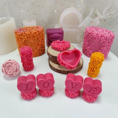 China Viable 3D Flower Heart Shaped Pink Pillar Silicone Molds Candle Making Handmade Soap Molds Resin DIY Gift Rose Silicone Molds for sale