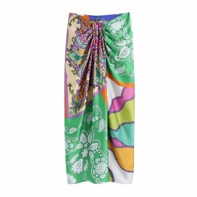 China 2021 Summer Fashion Knotted Wrap Midi Skirt Vintage High Waist Vintage Back Zipper Dropshipping Logo Women Custom Split Skirts Female for sale