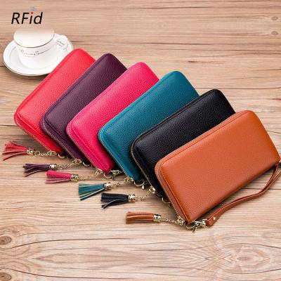 China RFID Travel Wristband Wallet Ladies Pinch Zip Around Card Holder Luxury Genuine Leather Organizer for sale