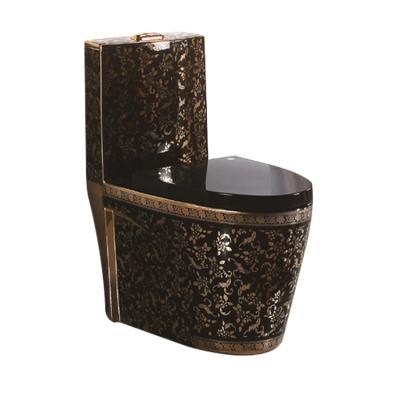 China Dual-Flush elegant hotel sanitary golden flower pattern luxury siphon flush commode one piece black gold toilet for sale