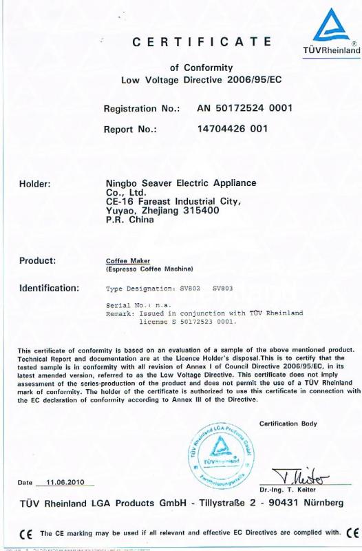 CE - Ningbo Seaver Electric Appliance Co., Ltd.