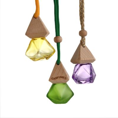 China Gift High Quality Auto Decoration Wooden Lid Cotton Rope Car Perfume Glass Square Hang Diffuser Bottle for sale