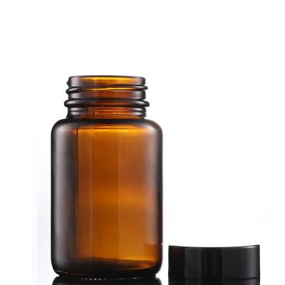 China Wholesale Personal Care 120cc Wide Mouth Glass Bottle Amber Medical Pill Bottles With Black Aluminum Lid for sale