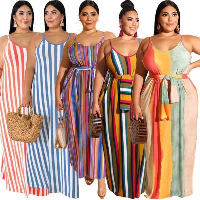 China Sustainable New Fashion Striped Plus Size Women's Clothing Striped Loose Dress With Sash Straps for sale