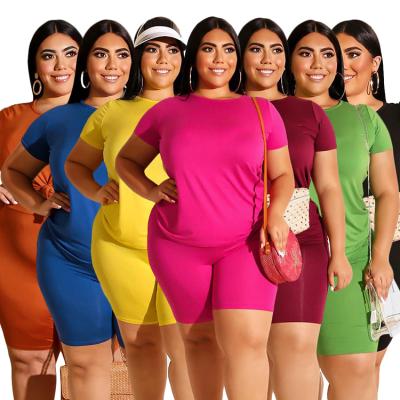 China Fat MM Viable Fashion Plus Size Womens Clothing Casual Solid Color Round Neck T-shirt Shorts Suit for sale