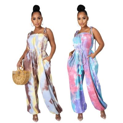 China Summer QUICK DRY slimming rainbow dye tie slingback overalls new women casual loose casual style printed for sale