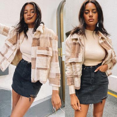 China 2021 Fashion Turn Down Collar Viable Brown Plaid Short Coat Fall/Winter Flocking Outwear Women Fleece Jacket for sale