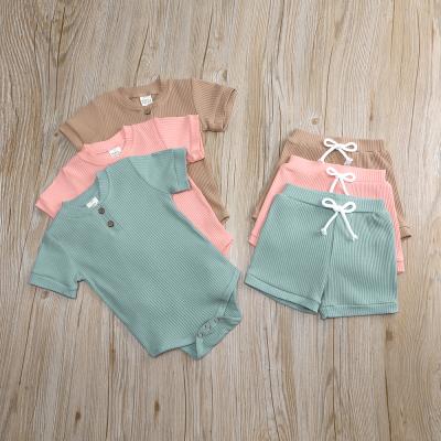 China Breathable Newborn Baby Clothes Cotton Infant Ribbed Organic Babies Romper Set Drawstrings Baby Clothing Sets Shorts for sale