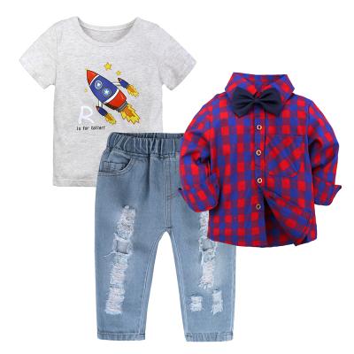 China Spandex/cotton kids clothing boys set 3pcs kids denim clothing set fashion plaid kids boutique clothing for sale