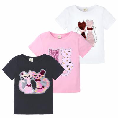 China Summer Breathable Magical Sequin Fashion Tee Fashion Embroidery Girls Clothing Cotton Girls Wear Cat T-shirt for sale