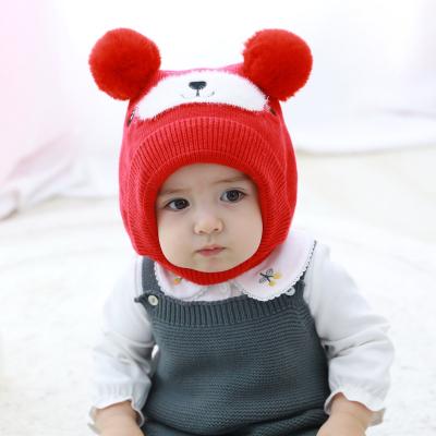 China COMMON Baby Knitted Winter Hat Child Neck Ear Flap Integrated Beanie Warm Hat With Pom Pom Dog Patent Kids Winter Fashion Hat for sale