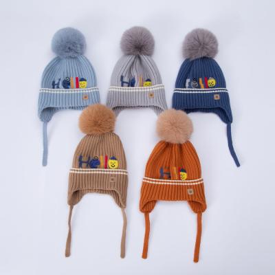 China 2021 HELLO COMMON COMMON Letter Winter Knit Beanie Hat With Earflap For Toddler Kids For 2-5 Years for sale