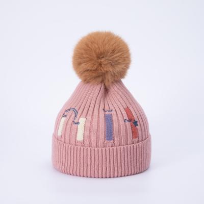 China JOINT Factory Wholesale 2-5 Years Kids Hood Ribbed Flip Caps Knitted Beanie With Pom Pom for sale