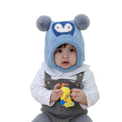 China COMMON Baby Knitted Winter Hat Child Neck Ear Flap Integrated Beanie Warm Hat With Pom Pom Dog Patent Kids Winter Fashion Hat for sale