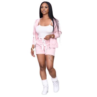 China Wholesale Breathable Breathable Logo Ladies Embroidery 2021 Customs 2 Piece Tracksuits Shorts Set Hood Sweatsuit Zip Up Matching Women Tracksuit for sale