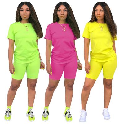 China 2021 new Anti-wrinkle Anti-wrinkle ladies T-shirt shorts suit Amazon solid color border sports suit hot sale 100% cotton 2 piece set for sale