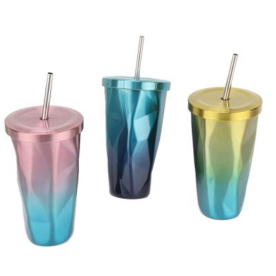 China Stocked Gradient Color Stainless Steel Mug Tumbler Stainless Steel Coffee Mug With Straw for sale