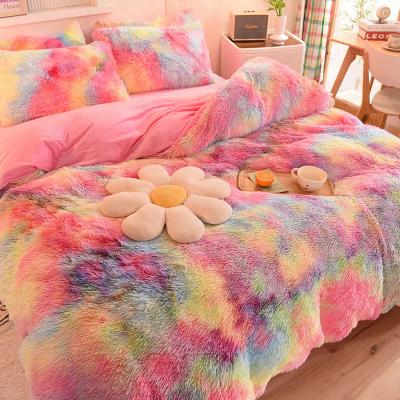 China Home Hotel Wedding Rainbow Color Faux Fur Velvet Fluffy Plush Soft Bedding Set 4 Pieces for sale