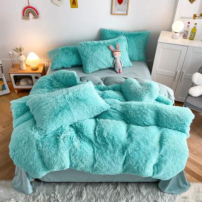 China 2024 Hot Blue Luxury Shaggy Warm Mink Velvet Crystal Bedding Set for Winter Bed Linen for sale