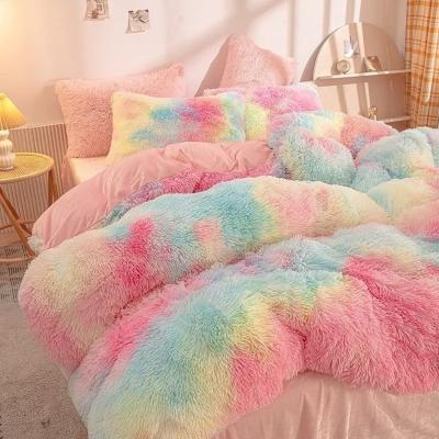 China 200TC Thread Count Bedding Set Faux Fur Duvet Mink Rainbow Plush Fluffy Luxury Fitted Sheets Set for sale