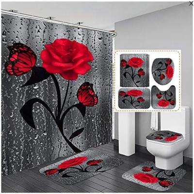 China Flor de rosa 100% poliéster impermeável Cortina de chuveiro Banheiro 4pcs Set Top- à venda