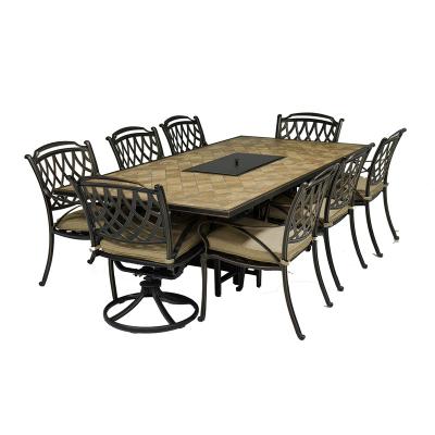 China Stocked Pit Fire Resistant 8 People Pit Table Purple Dining Set Cast Aluminum Outdoor Dining Table and Chairs for sale