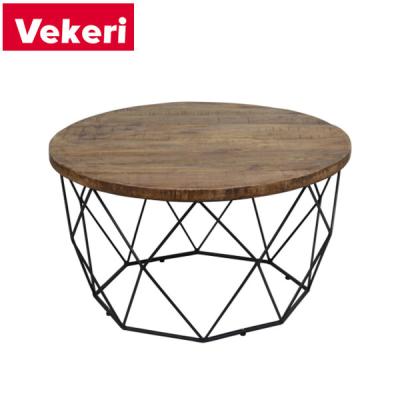 China Customizable industrial style coffee table metal brown solid wood geometric stand for living room and office for sale