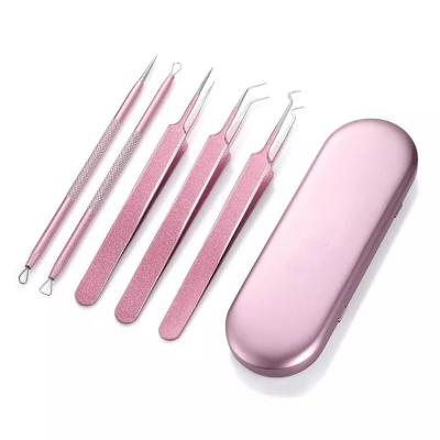 China Skin Care Treatments Rose Gold Blackhead Pimple Pimple Comedone Acne Extractor Tweezers Kit for sale