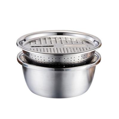 China Sustainable 3pcs Stainless Steel Mixing Bowl Set With Lid And Grater Kitchen Basin Mixing Bowl Fruit Bowl Around Seasoning Cylinder for sale