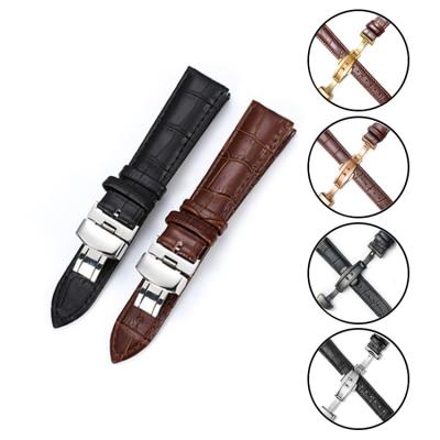 China Stainless Steel Genuine Leather Watch Bands, Universal 12-24mm Butterfly Steel Buckle Watch Band Strap for sale