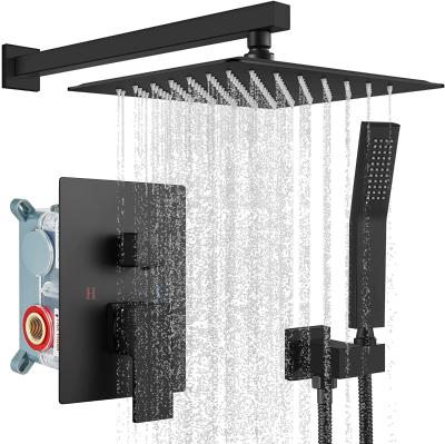 Cina Without Slide Bar Matte Black Shower System With 10 Inch Shower Head Square Shower Combo Mixer Bathroom Wall Mounted Rainfall Shower Faucet Set in vendita