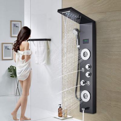 China With Slide Bar Stainless Steel Shower Panel LED Rainfall Shower Head 6-Function Rainfall Massage Tub Spout System Black Shower Faucet à venda