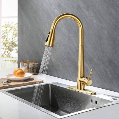 China Modern Luxury Flexible 304 Stainless Steel Thermostatic Faucets Single Handle Pull Out Cold-Hot Gold Sprayer Kitchen Sink Water Taps for sale