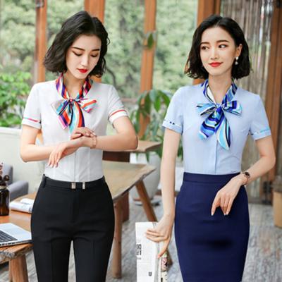 China Korean Slim White Silk Short Sleeve Hotel Professional Women Hotel Coveralls Beautician Hotel Waiter Uniform Hotel Shirt White Collar Shirt for sale