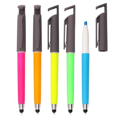 China Ball Pen+Touch+highligher+mobile phone support styles ballpoint pen touch screen promotional pens with cell phone holder for highlight bar for sale