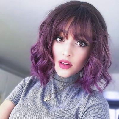 China Clean Soft Wavy Bob Wig With Shoulder Length Natural Synthetic Hair Wig Purple Bangs Ombre Short Curly Wigs For Women for sale