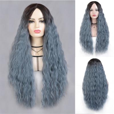 China Hot Selling Nature Long Lace Front Hair Cosplay Ombre Brown Heat Resistant Wavy Curly Kinky Synthetic Wigs Water Wave For Black Woman for sale