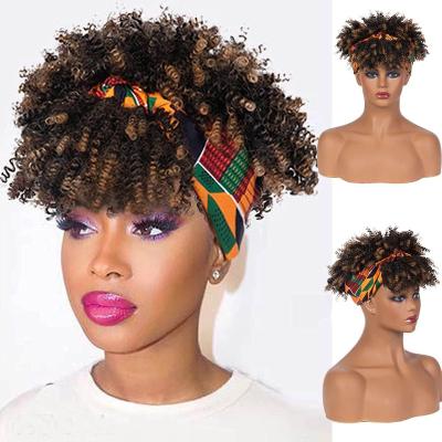 China Hot Wholesale 2022 Kinky Curl Headband Wigs For Color Women Synthetic Short Afro Kinky Curly Wigs With Bangs Drawstring High Blow Wig for sale