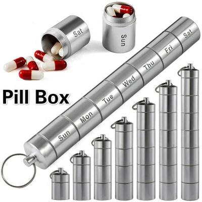 China stackable 7 day metal pill box with pill storage cases wholesale 25mm*193mm for 7 cases for sale