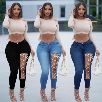 China New high quality women's fashion bandage denim pants QUICK DRY creative Jean Plus Size Skinny custom made pants and jeans for sale