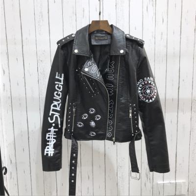 China 2020 Graffiti-printed Rivet Waterproof Leopard Print Splicing Leather Jacket Women's Short Motorcycle Long Sleeve Rock Coat for sale