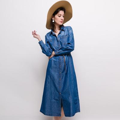 China High Quality Casual Denim Long Sleeve Belt Dress Women Breathable A Line Denim Long Dress Skirt for sale